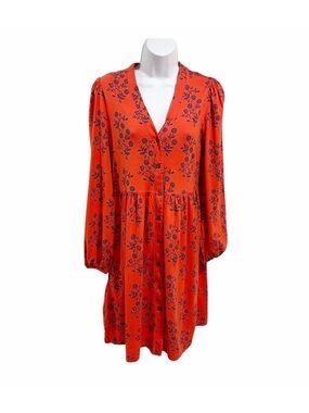 Boden Button-Down Red/Orange Blue Floral Jersey Midi Dress size 2R  Spring Party